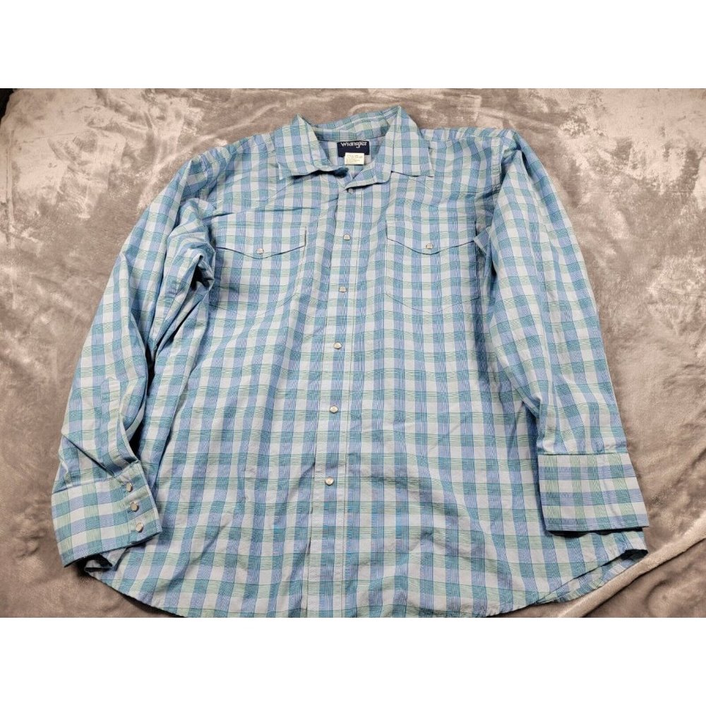 Wrangler Blue Plaid Pearl Snap Western Long Sleeve Button Up Shirt Men's 2XL